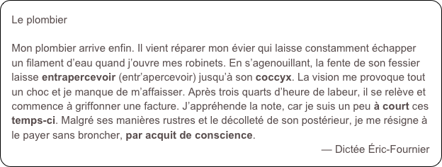 Le plombier
Mon plombier arrive enfin. Il vient réparer mon évier qui laisse constamment échapper un filament d’eau quand j’ouvre mes robinets. En s’agenouillant, la fente de son fessier laisse entrapercevoir (entr’apercevoir) jusqu’à son coccyx. La vision me provoque tout un choc et je manque de m’affaisser. Après trois quarts d’heure de labeur, il se relève et commence à griffonner une facture. J’appréhende la note, car je suis un peu à court ces temps-ci. Malgré ses manières rustres et le décolleté de son postérieur, je me résigne à le payer sans broncher, par acquit de conscience. 
— Dictée Éric-Fournier