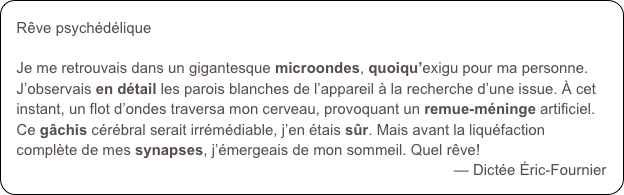 Rêve psychédéliqueJe me retrouvais dans un gigantesque microondes, quoiqu’exigu pour ma personne. J’observais en détail les parois blanches de l’appareil à la recherche d’une issue. À cet instant, un flot d’ondes traversa mon cerveau, provoquant un remue-méninge artificiel. Ce gâchis cérébral serait irrémédiable, j’en étais sûr. Mais avant la liquéfaction complète de mes synapses, j’émergeais de mon sommeil. Quel rêve!
— Dictée Éric-Fournier