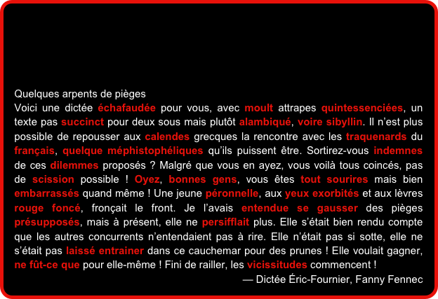 




Quelques arpents de pièges
Voici une dictée échafaudée pour vous, avec moult attrapes quintessenciées, un texte pas succinct pour deux sous mais plutôt alambiqué, voire sibyllin. Il n’est plus possible de repousser aux calendes grecques la rencontre avec les traquenards du français, quelque méphistophéliques qu’ils puissent être. Sortirez-vous indemnes de ces dilemmes proposés ? Malgré que vous en ayez, vous voilà tous coincés, pas de scission possible ! Oyez, bonnes gens, vous êtes tout sourires mais bien embarrassés quand même ! Une jeune péronnelle, aux yeux exorbités et aux lèvres rouge foncé, fronçait le front. Je l’avais entendue se gausser des pièges présupposés, mais à présent, elle ne persifflait plus. Elle s’était bien rendu compte que les autres concurrents n’entendaient pas à rire. Elle n’était pas si sotte, elle ne s’était pas laissé entrainer dans ce cauchemar pour des prunes ! Elle voulait gagner, ne fût-ce que pour elle-même ! Fini de railler, les vicissitudes commencent !
— Dictée Éric-Fournier, Fanny Fennec