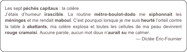 Les sept péchés capitaux : la colère
J’étais d’humeur irascible. La routine métro-boulot-dodo me siphonnait les méninges et me rendait maboul. C’est pourquoi lorsque je me suis heurté l’orteil contre la table à abattants, ma colère explosa et toutes les cellules de ma peau devinrent rouge cramoisi. Aucune parole, aucun mot doux n’aurait su me calmer.
— Dictée Éric-Fournier