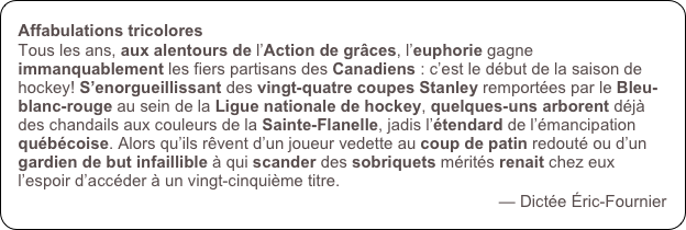 Affabulations tricolores
Tous les ans, aux alentours de l’Action de grâces, l’euphorie gagne immanquablement les fiers partisans des Canadiens : c’est le début de la saison de hockey! S’enorgueillissant des vingt-quatre coupes Stanley remportées par le Bleu-blanc-rouge au sein de la Ligue nationale de hockey, quelques-uns arborent déjà des chandails aux couleurs de la Sainte-Flanelle, jadis l’étendard de l’émancipation québécoise. Alors qu’ils rêvent d’un joueur vedette au coup de patin redouté ou d’un gardien de but infaillible à qui scander des sobriquets mérités renait chez eux l’espoir d’accéder à un vingt-cinquième titre. 
— Dictée Éric-Fournier